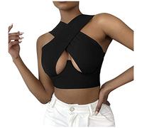 Cenlang Sexy Crop Tops for Women Deep V Neck Back Cutout Sleeveless Plunge Racerback Tank Criss Cross Halter Cropped Top Black