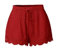 Cenlang Womens Casual Elastic High Waist Lace Shorts Summer Solid Color Lounge Hotpants with Pockets Drawstring Plus Size Shorts Red