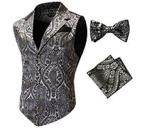 Cenne Des Graoom Mens Suit Vest Paisley Floral Victorian Vests Steampunk Gothic Waistcoat & bow tie Pocket Square, Golid, Large