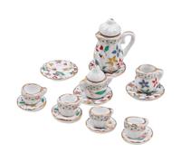 CENPEK Dollhouse Ceramic Tea Set 1:12 Dolls House Accessories with Mini Fork Spoon Cutlery for Dollhouse Scene Decoration -Blue and White Porcelain - Colourful Broken Flower