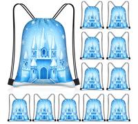 Censen 24 Pcs Snowflake Drawstring Bags Set Bulk 12 x 10 Inch Waterproof Beach Bags for Girls Boys Kids Blue Castle Theme Party Birthday Winter Party Favor Bag Supplies