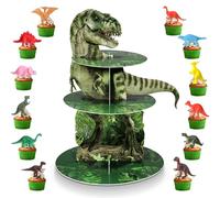 Censen 3 Tier Dinosaur Cupcake Stand Party Supplies Dinosaur Cupcake Holder 24 Pcs Dinosaur Figure Toys Cupcake Toppers Dinosaur Dessert Tower for Boys Dinosaur Jungle Theme Birthday Party Decorations