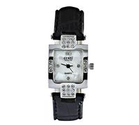 Censi Women's Sliver Plated Diamante Square Dial Black PU Leather Strap Analog Wrist Watch Japanese Quartz Buckle Clasp Extra Battery
