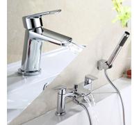 Centa Contemporary Chrome Basin Sink Mixer Tap And Bath Shower Mixer Tap With Pencil Handset Kit + Waste Nes Home Silver One Size