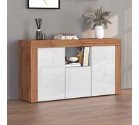 centennial high gloss storage cabinet with 3 doors in white and wotan oak