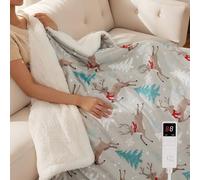 Centhermy Electric Heated blanket 130×180cm - Light Grey Reindeer Design, Soft Flannel & Cotton Fleece, 9 Heat & 9-Hour Timer Settings, Machine Washable, for Home/Sofa/Bed/Office