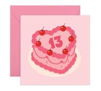 Central 23 13th Birthday Card - Teen Age Thirteen - Pink Heart Cake Design With Cherries - Cute Milestone Card For Girls Daughter Niece Granddaughter - Comes With Stickers