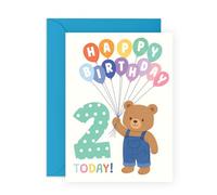 Central 23 2nd Birthday Card - Age Two - Teddy Bear with Balloons - For Son Daughter Nephew Niece Kids Boys Girls Grandson Granddaughter - Second Bday - Comes with Stickers