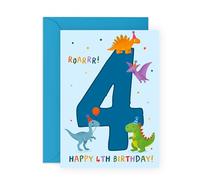 Central 23 4th Birthday Card - Age Four - Happy Fourth Birthday Dinosaur Party Card - For Kids Boys Girls - Bday Greeting For Son Daughter Nephew Niece - Comes With Stickers