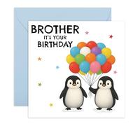 Central 23 Brother Birthday Card - Cute Penguin Balloons Design - Birthday Card For Brother From Sister Family Siblings Boys Men Kids - Fun Animal Cartoon Theme - Comes With Stickers