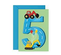 Central 23 Fifth Birthday Card for Boys - Happy 5th Birthday - Age 5 - Five Year Old - Tractors Greeting Card - Fun Construction Vehicle Themed Card for Kids - Son, Grandson - With Stickers