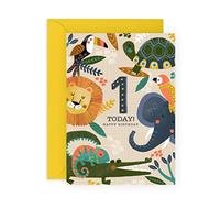 Central 23 First Birthday Card Boy - Son Birthday Card - Happy Birthday Card One Year Old - Cute Safari Animals Greeting Cards For Kids - Elephant Turtle Lion Chameleon - Comes With Stickers