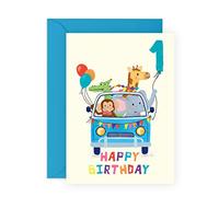 Central 23 First Birthday Card for Boys - BDAY CAR ANIMALS Age 1 - Happy 1st Birthday Greeting Card for Kids - One Year Old - Son - Toddler - Comes With Stickers
