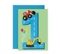 Central 23 First Birthday Card for Boys - Happy 1st Birthday - Age 1 - One Year Old - Tractors Greeting Card - Fun Construction Vehicle Themed Gifts for Kids - Son, Grandson, Toddler