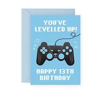 Central 23 Fun 13th Birthday Card for Boys - 'You've Levelled Up!' - Happy Thirteenth Birthday - Thirteen Year Old - Age 13 - Blue Greeting Card for Gamers - For Teenager - Son, Grandson, Him