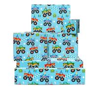 Central 23 Monster Truck Boys Birthday Gift Wrap - 6 Sheets of 70x50cm Blue Wrapping Paper - Recyclable - For Son, Nephew, Grandson - Occasion: Birthday, Wedding