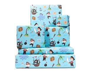 Central 23 - Pirate Gift Wrap - 6 Sheets of Cool Wrapping Paper for Kids - Pirates Treasure Ship Island - For Boys Girls - Son Nephew Grandson - Blue - Recyclable