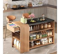 Central Kitchen Island with 5 Tier Storage & Hidden Drawer Thick Oak & Black Marble Finish Stylish Kitchen Furniture for Living Room & Dining Area