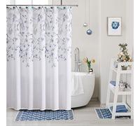 Central Park Navy Blue Leaf Shower Curtain Water Resistant Decorative Sweeping Floral Print Canvas Bathroom Spa Hotel Shower Curtain with Buttonholes (White, 70"x72")