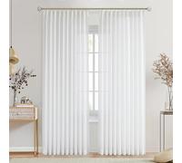 Central Park White Pinch Pleated Voile Sheer Curtain 108 Inches Extra Long Linen Textured Farmhouse Window Treatment Drapery Sets with Hooks for Living Room Bedroom, 60"x108"x2