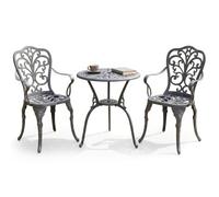 Centurion Supports BANGUI Grey Luxurious Garden and Patio Table and 2 Large Chairs with Armrests Cast Aluminium Bistro Set