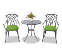 Centurion Supports OSHOWA Luxurious Garden and Patio Table and 2 Large Chairs with Armrests Cast Aluminium Bistro Set - Grey with Green Cushions