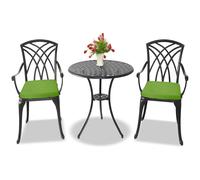 Centurion Supports OSHOWA Luxurious Garden and Patio Table and 2 Large Chairs with Armrests Cast Aluminium Bistro Set - Black with Green Cushions