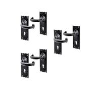 Centurion Tudor Antique Black Door Handles, Pack of 3 Pairs, Wrought Iron Lever on Backplate for Internal & External Doors