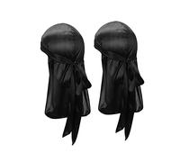 Century Star Satin Silk Head Wrap Durag Long Tail Beanies for Men Women Headwraps Cap, 2pcs Black&black, One Size