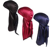 Century Star Satin Silk Head Wrap Durag Long Tail Beanies for Men Women Headwraps Cap, 3pcs Black&wine Red&navy, One Size