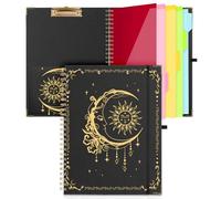 Cenvialuxy A4 Clipboard Folder, Spiral Clip Board with Storage, Clipboards A4 with 5 Folder Dividers Storage Pockets, File Folder Labels, Folio Clip Boards for Office, School (Sun and Moon)