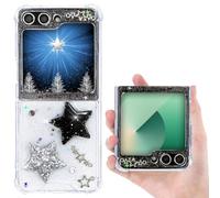 CEOKOK for Samsung Galaxy Z Flip 6 Case Clear Glitter Cute with Bling Sparkly White Black Stars Planet Design Protective Kawaii Sturdy Phone Cover Shell (Glitter Stars)