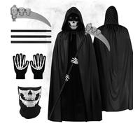 CEOTIS Black Grim Reaper Costume 4 PCS Halloween Skeleton Reaper Fancy Dress 170CM Black Cloak Set with Glowing Glasses,Halloweencostumes Death Costume Party Cosplay Accessories for Adults Adolescent
