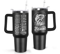 Ceovfoi 40 oz Black Stainless Steel Tumbler With Handle, Fishing Gifts for Men, American Flag Patriotic Cup