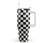 Ceovfoi Black and White Checkered Tumbler with Handle, Lid, and Straw - 40 Oz Water Bottle, Travel Coffee Cup Mug - Gifts for Women and Men