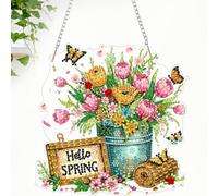 CEOVR Flower Diamond Painting Hanging Kits Adults,Hello Spring Diamond Painting Ornament Kits Adults, 19.7x19.5cm 5D Gem Art Craft Set for Leisure Time
