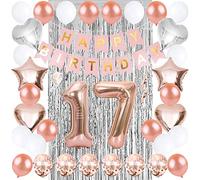Ceqiny 17th Birthday Decoration Happy Birthday Banner Set Rose Gold Number 17 Balloon Confetti White Latex Balloon Star Heart Foil Balloons Tinsel Foil Fringe Curtain Party Supplies for Girls Women