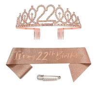 Ceqiny 22nd Birthday Sash and Tiara, Crown 22 Rose Gold Crystal Birthday Crown Set, Rose Gold Birthday Crown Sash Decoration Birthday Crown for Girls Women Birthday Party Accessories