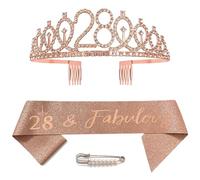Ceqiny 28th Birthday Sash and Tiara, Crown 28 Rose Gold Crystal Birthday Crown Set, Rose Gold Birthday Crown Sash Decoration Birthday Crown for Girls Women Birthday Party Accessories