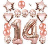 Ceqiny 40" 14th Number Balloon Kit - Mylar & Latex Balloons with Sequins, Stars & Hearts in Rose Gold for Birthday, Wedding, Anniversary & Bridal Shower Decor
