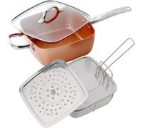 Cera Titanware Deep-Sided Copper-Infused Square Non-Stick Cooking Pan With Steamer Tray, Frying Basket & Glass Lid