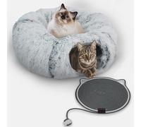 CERADOR Cat Tunnel Bed & Scratching Mat for Indoor Cats - Plush Donut Cave Bed, Peekaboo Cat Cave for Multiple Cats Up to 15 lbs. Cozy, Durable Cat Hideaway Toy for Kittens, Puppies, Rabbits (Grey)