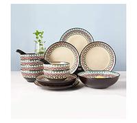 Ceramic 18-Piece Kitchen Dinnerware Set Retro Geometric Pattern Dinner Plate Sets Elegant Ceramic Dinnerware Set, Reactive Glaze,