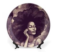 Ceramic African Hair Black Women Decorative Plate for Wall Hanging 6inch Large Bone China Dinner Plates with Display Stand Porcelain Art Dish for Home Kitchen Office Wedding Gift Farmhouse Decor
