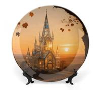 Ceramic Amber Castle Scenery Decorative Plate for Wall Hanging 7inch Large Bone China Dinner Plates with Display Stand Porcelain Art Dish for Home Kitchen Office Wedding Gift Farmhouse Decor