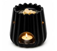 Ceramic Aroma Burner 10cm Oil Diffuser Wax Melt Burner Tealight Holder 2-in-1 Incense Cone Holder Home Fragrance Burner Modern Ribbed Design Black White JR2592 (Black)