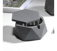 Ceramic Ashtray with Lid Windproof Hand Stamped Pattern Ashtrays for Home or Outdoor (Grey)