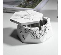 Ceramic Ashtray with Lid Windproof Hand Stamped Pattern Ashtrays for Home or Outdoor (Marble)