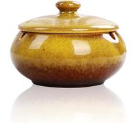 Ceramic Ashtray with Lid - Windproof & Odour-Reducing Ash Tray - Stylish Glazed Design for Indoor & Outdoor Use - Heat-Resistant - 9x11.5cm JR23076 (Yellow)