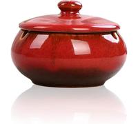 Ceramic Ashtray with Lid - Windproof & Odour-Reducing Ash Tray - Stylish Glazed Design for Indoor & Outdoor Use - Heat-Resistant - 9x11.5cm JR23076 (Red)